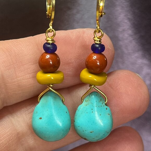 Artesian Jewelry - Bold Colorful Bohemian Drop Earrings Turquoise Howlite Teardrop